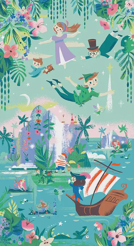 Fantasy scene with fairies, mermaids, and a ship on a teal background