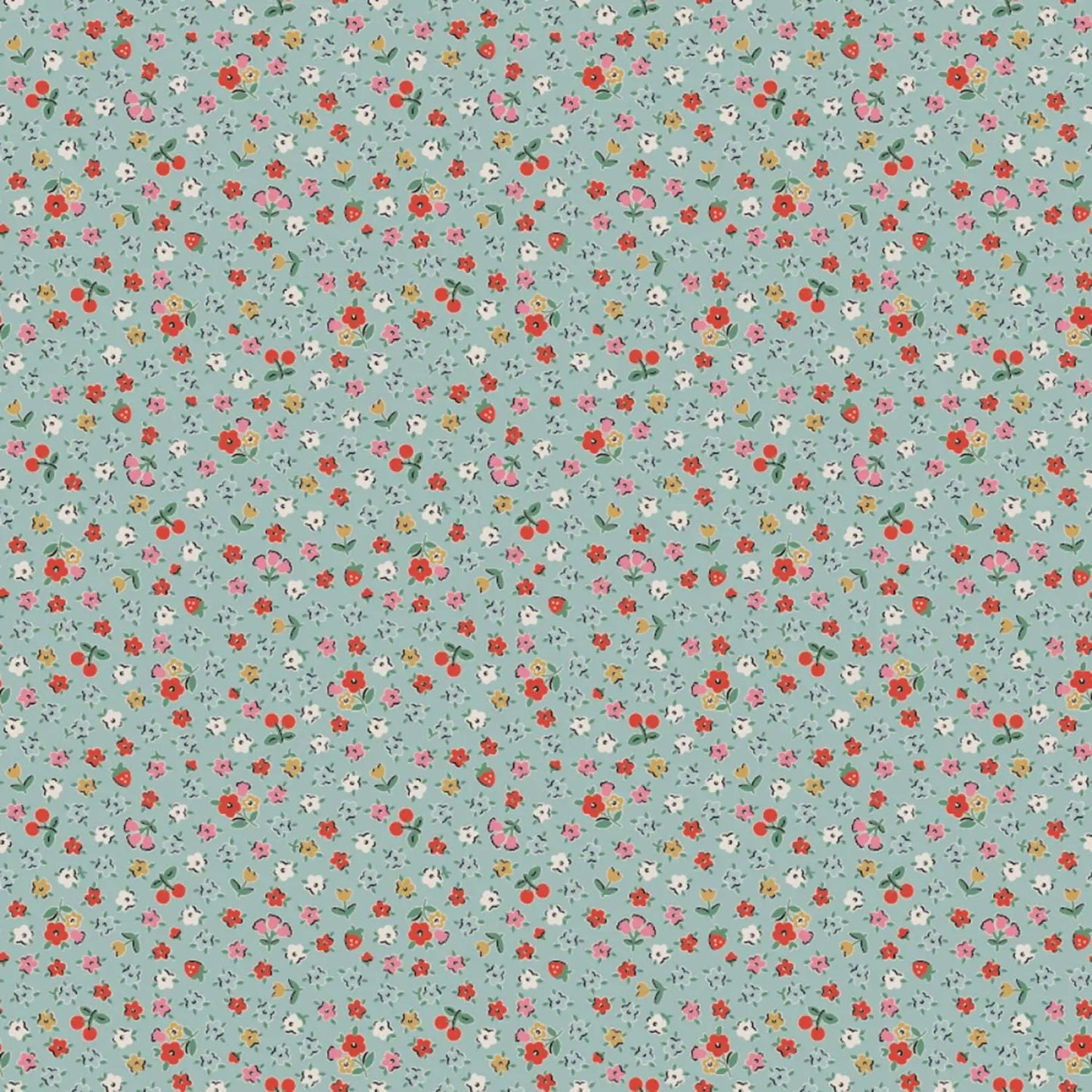 Pattern of small flowers, cherries and strawberries on a light blue background