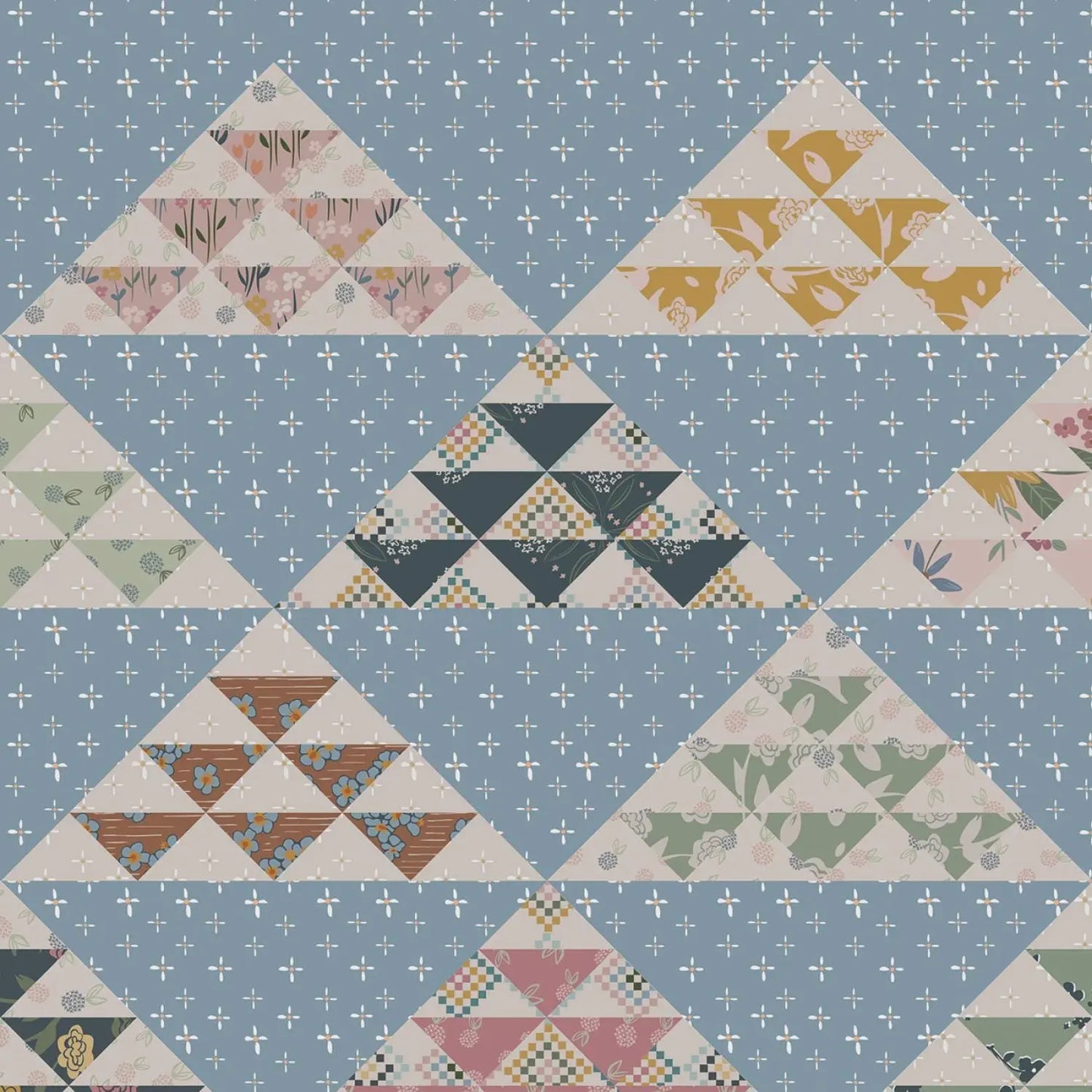 Pattern of geometric triangles with floral and geometric designs on a blue background