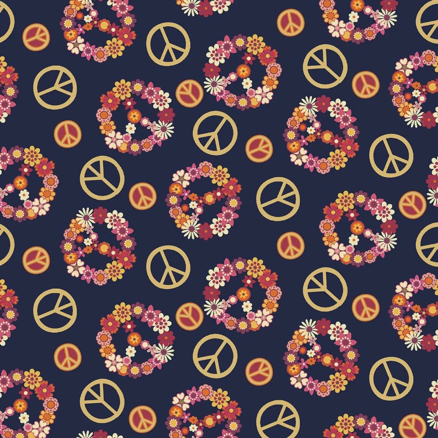 Pattern of peace signs and floral wreaths on a dark blue background