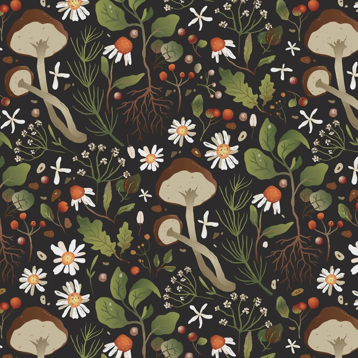 Mushroom and flower pattern on a dark background