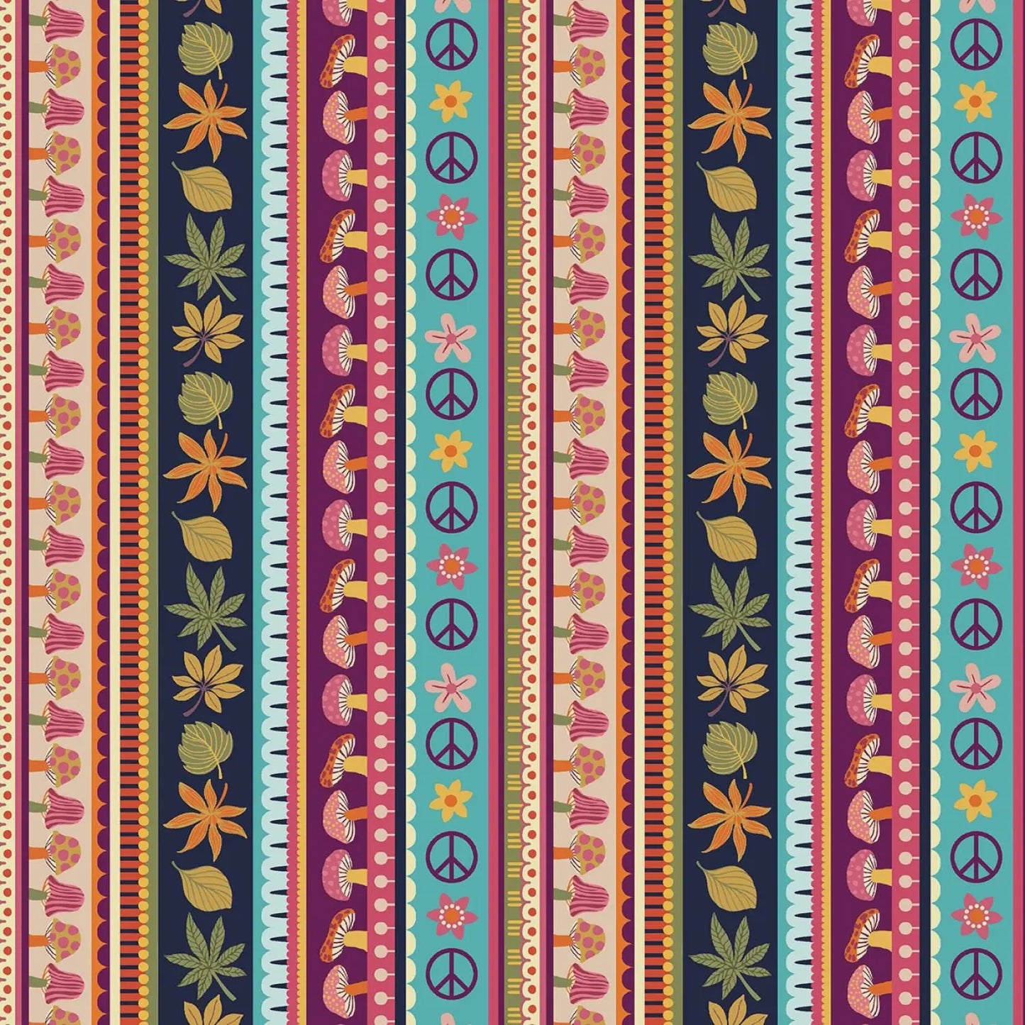 Colorful pattern with peace signs, flowers, and leaves on a striped background