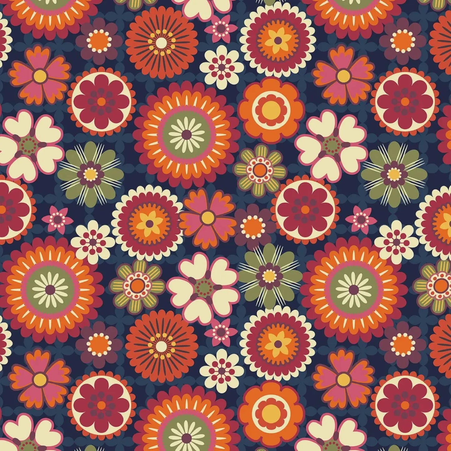 Navy Groovy Blooms Fabric, Michael Miller Fabrics, 100% Quilt Cotton Fabric Groovy Quilt Co