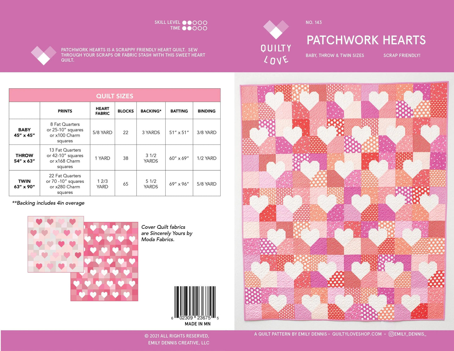 Quilt pattern packaging with heart designs and fabric swatches on a pink background