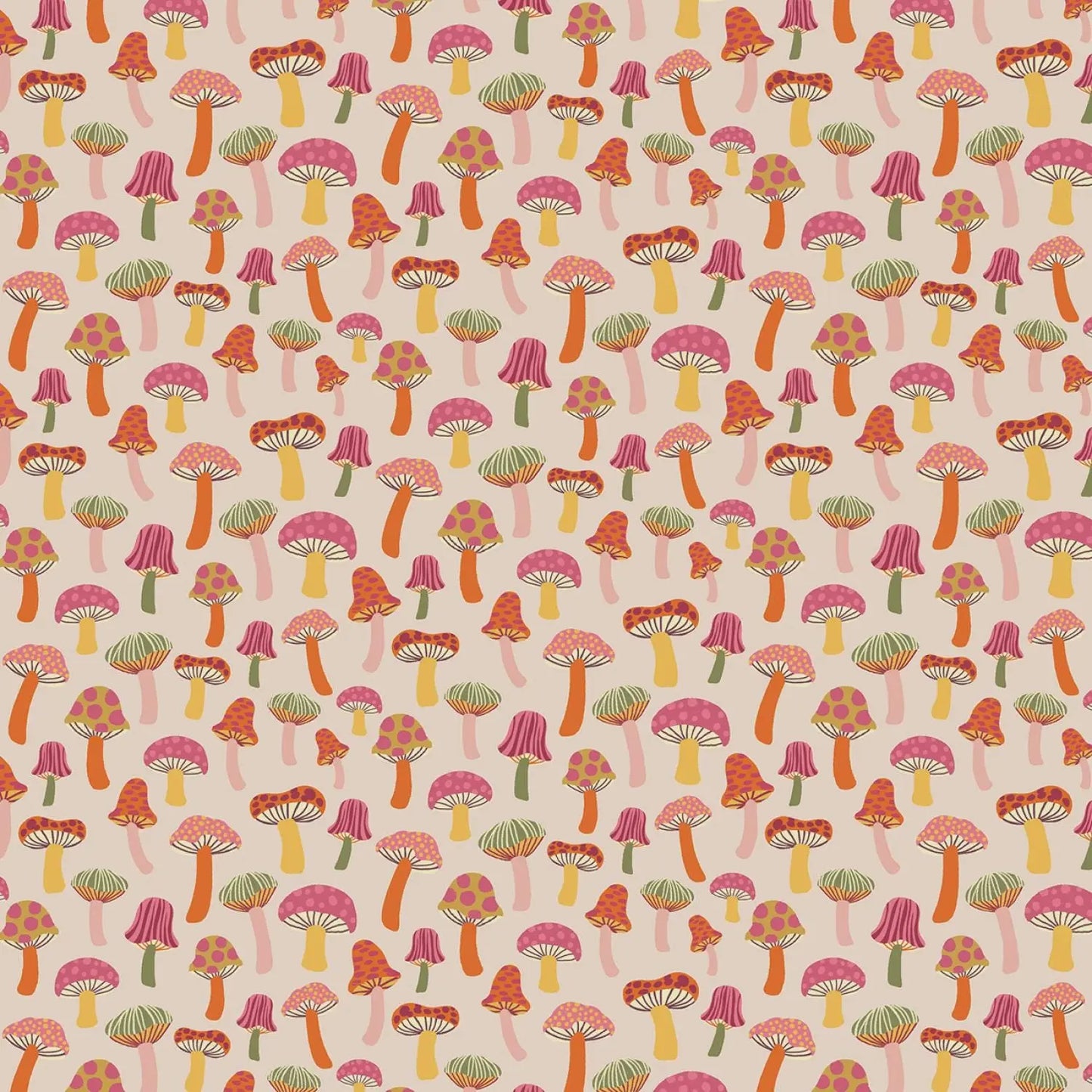 Pattern of colorful mushrooms on a beige background