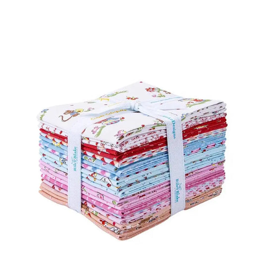 Stack of colorful fabric bundles tied together on a white background