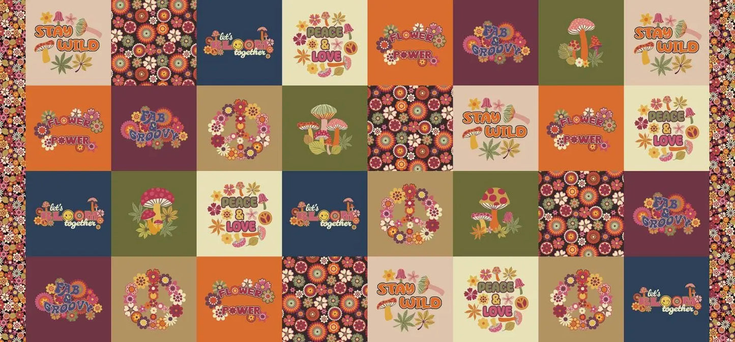Patchwork pattern with colorful text and floral designs on a multicolored background
