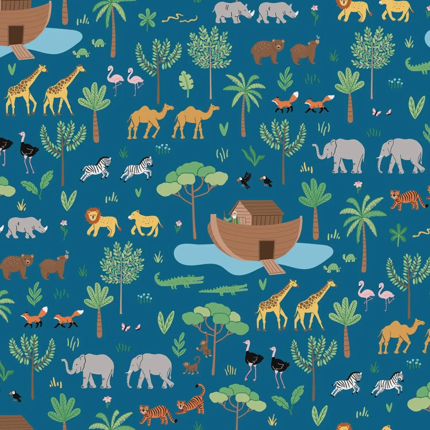 Noah's Ark pattern with various animals and trees on a blue background