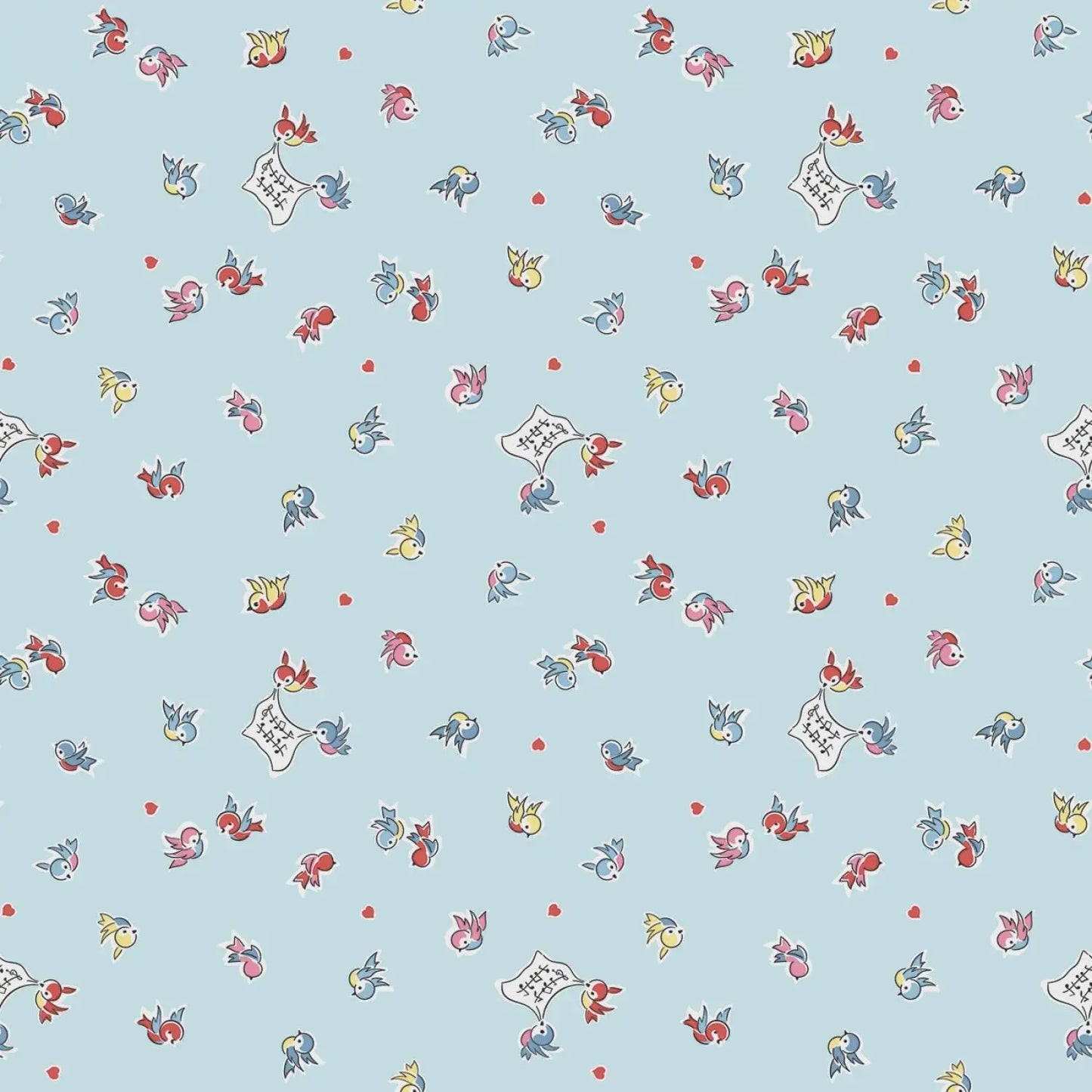 Patterned wallpaper with small colorful designs on a light blue background