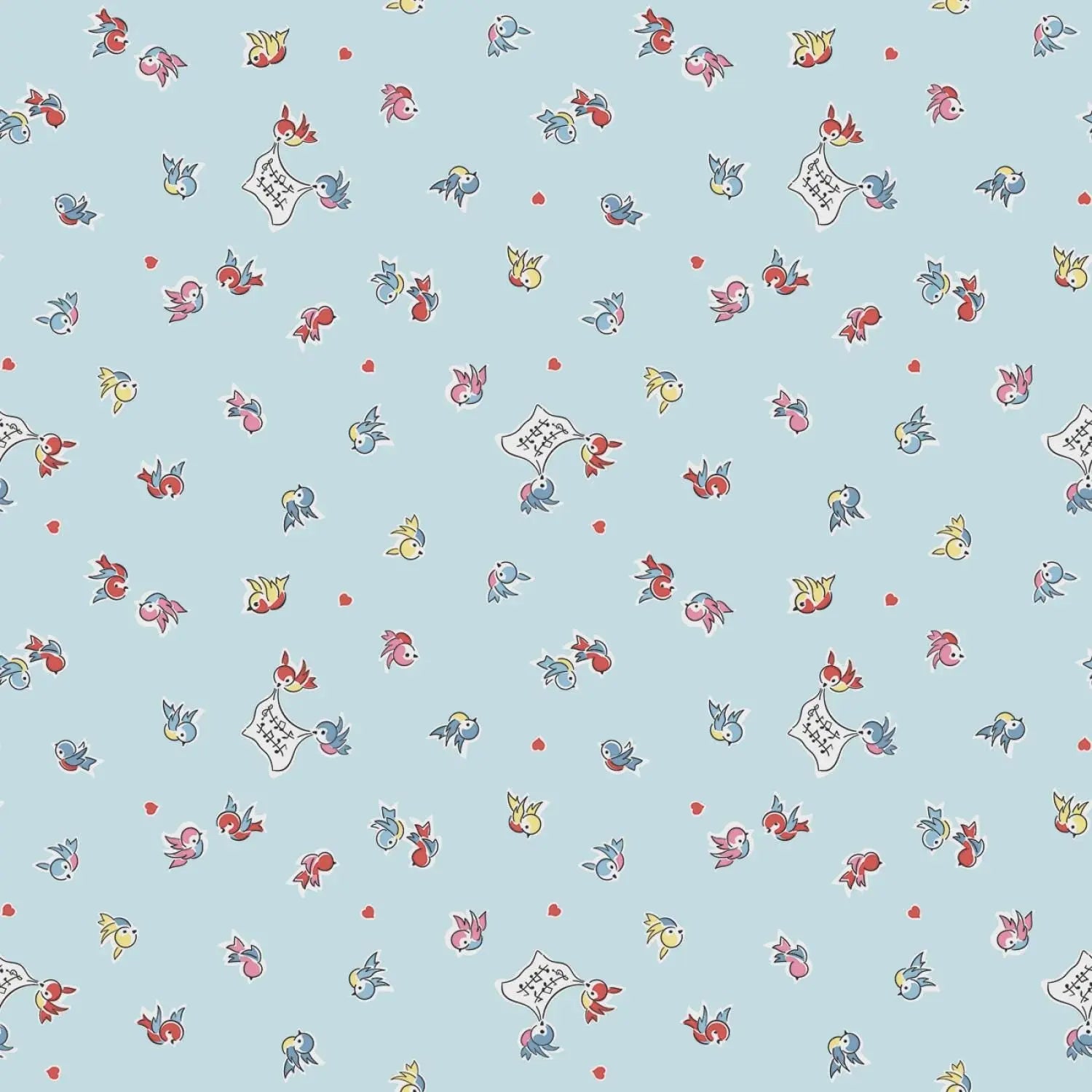 Patterned wallpaper with small colorful designs on a light blue background