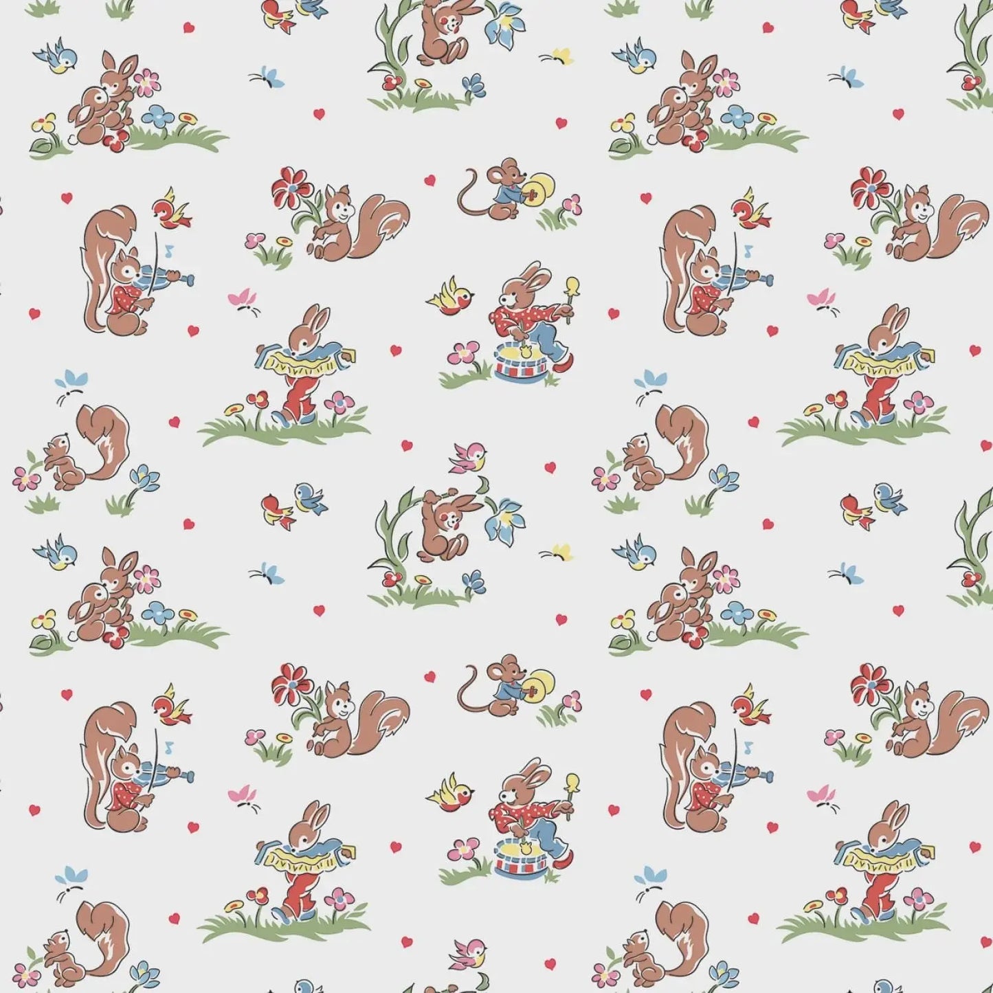 Patterned fabric with cartoon animals and flowers on a white background