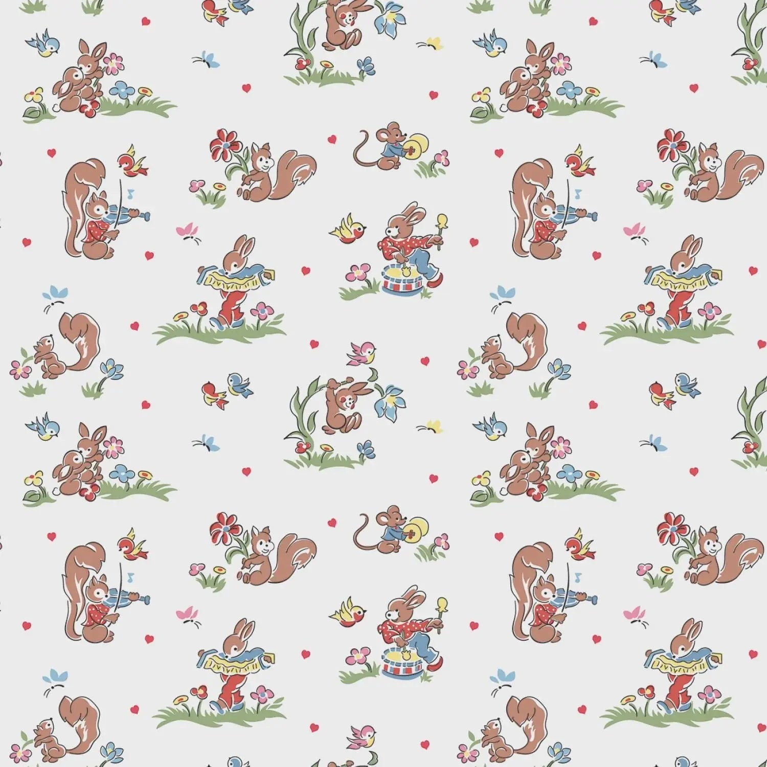 Patterned fabric with cartoon animals and flowers on a white background