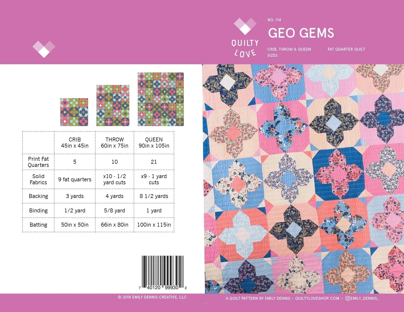 Quilt pattern packaging with geometric quilt design and fabric requirements on a pink background