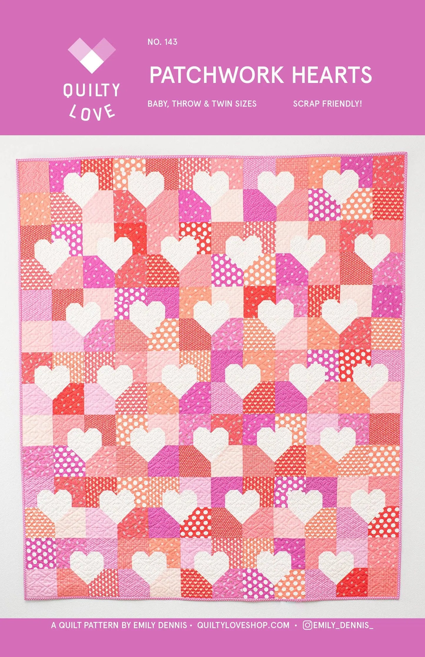 Patchwork hearts quilt pattern with pink and white heart design on a purple background