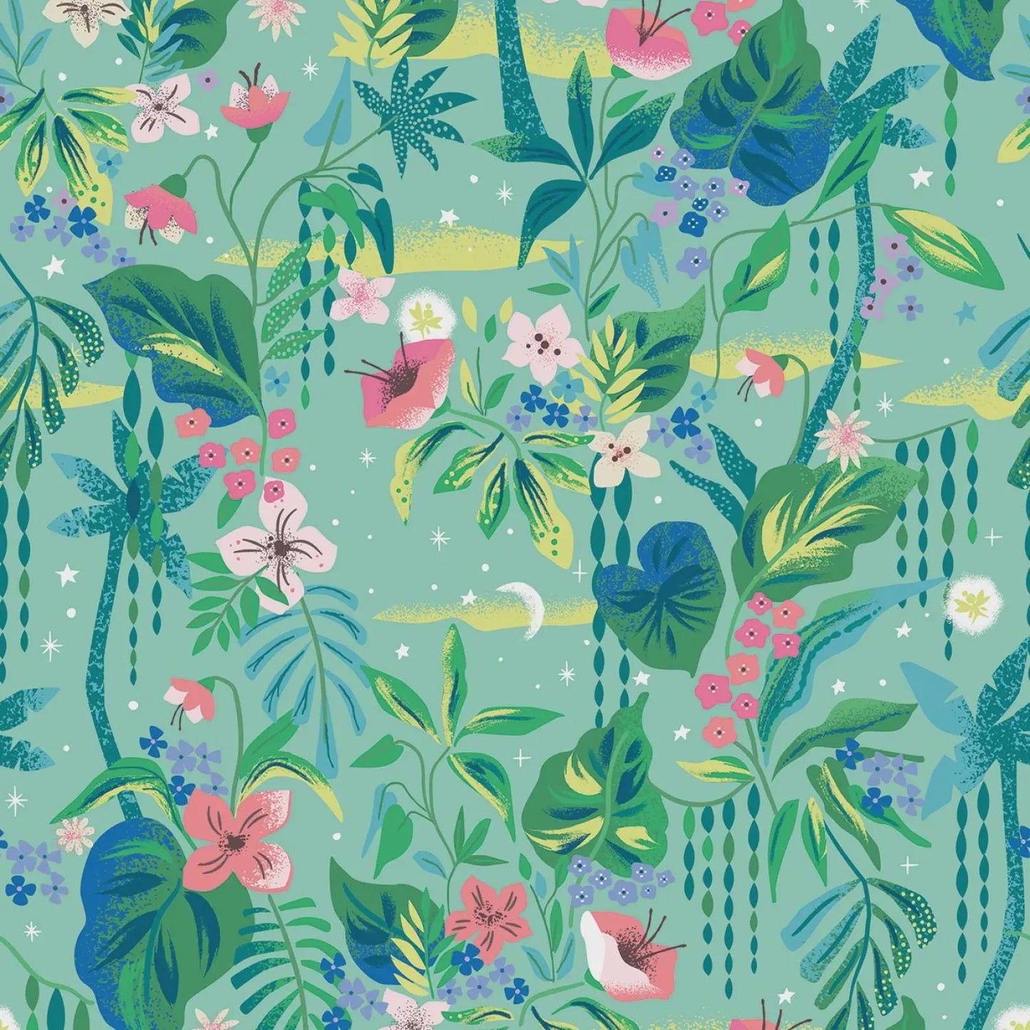 Tropical leaf and flower pattern on a teal background
