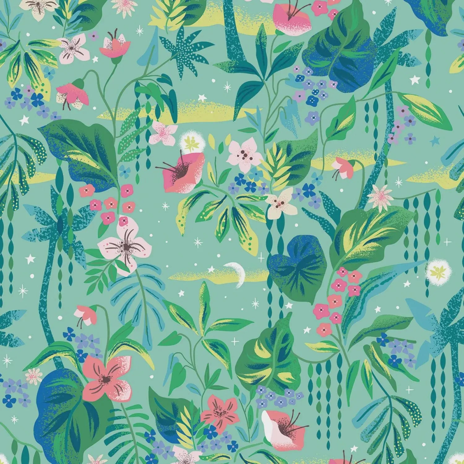 Tropical leaf and flower pattern on a teal background