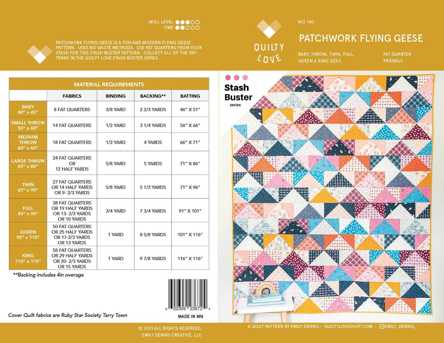 Quilt pattern book cover with fabric requirements chart and quilt design on a yellow background