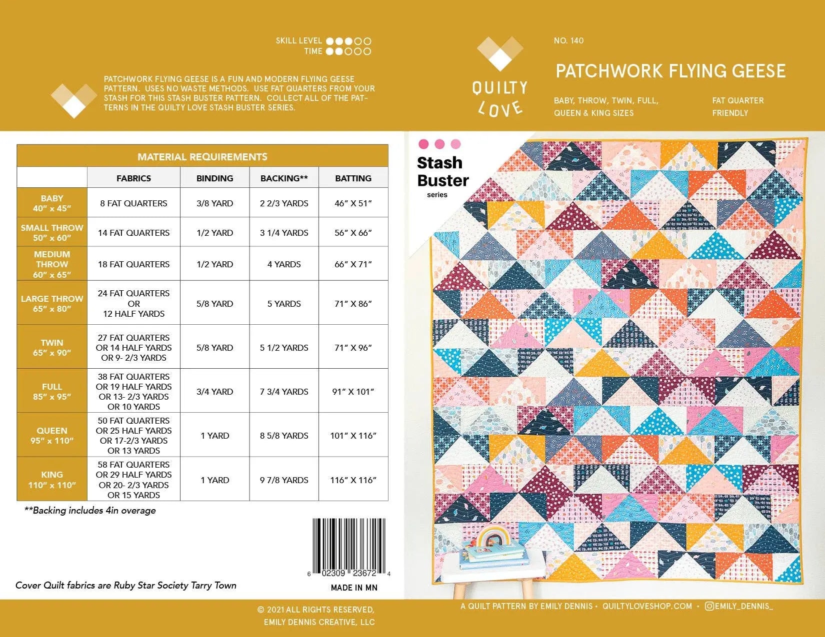 Quilt pattern book cover with fabric requirements chart and quilt design on a yellow background