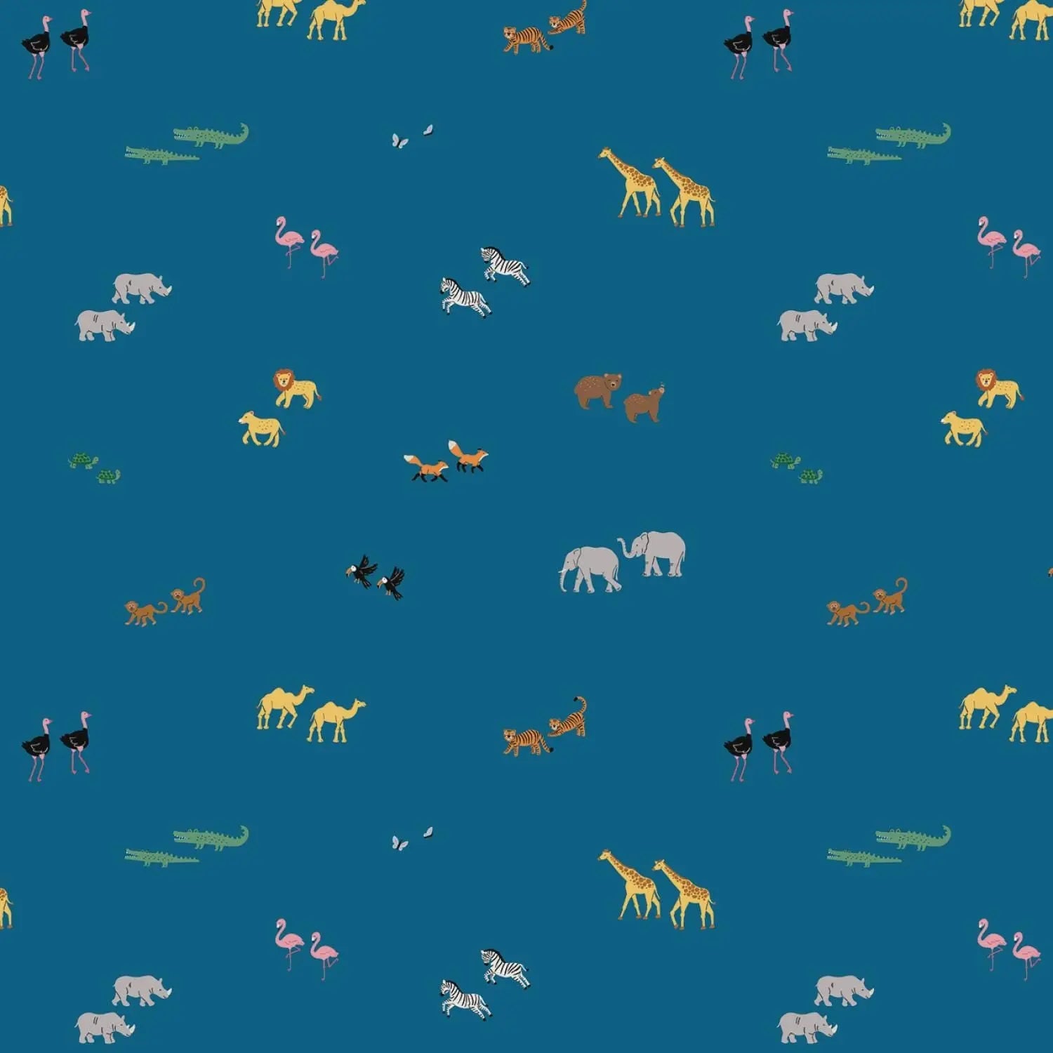 Pattern of small animal illustrations on a blue background