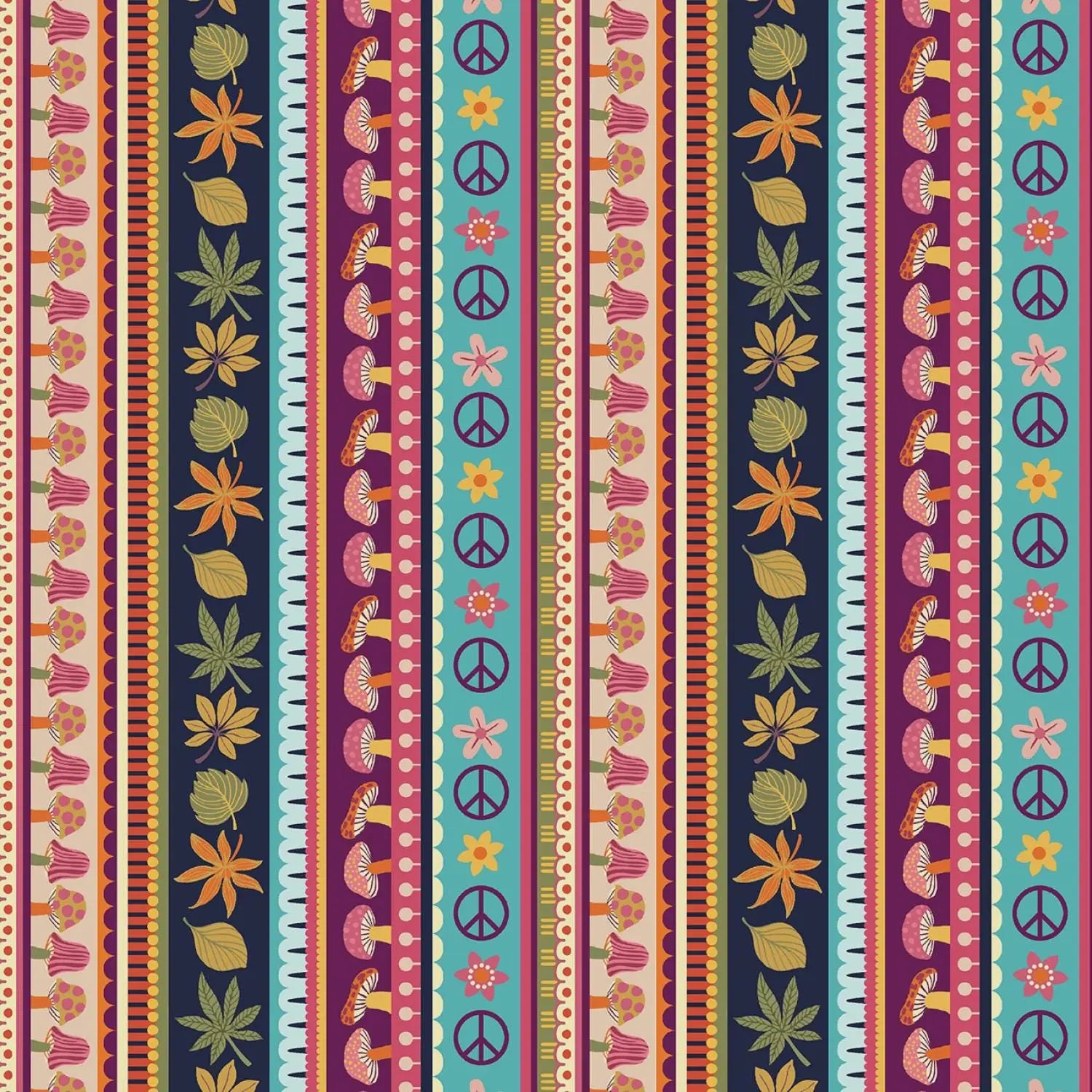Colorful pattern with peace signs, flowers, and leaves on a striped background