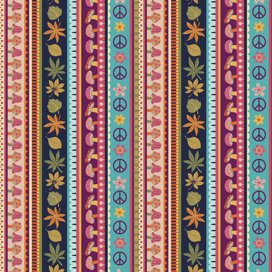 Colorful pattern with peace signs, flowers, and leaves on a striped background