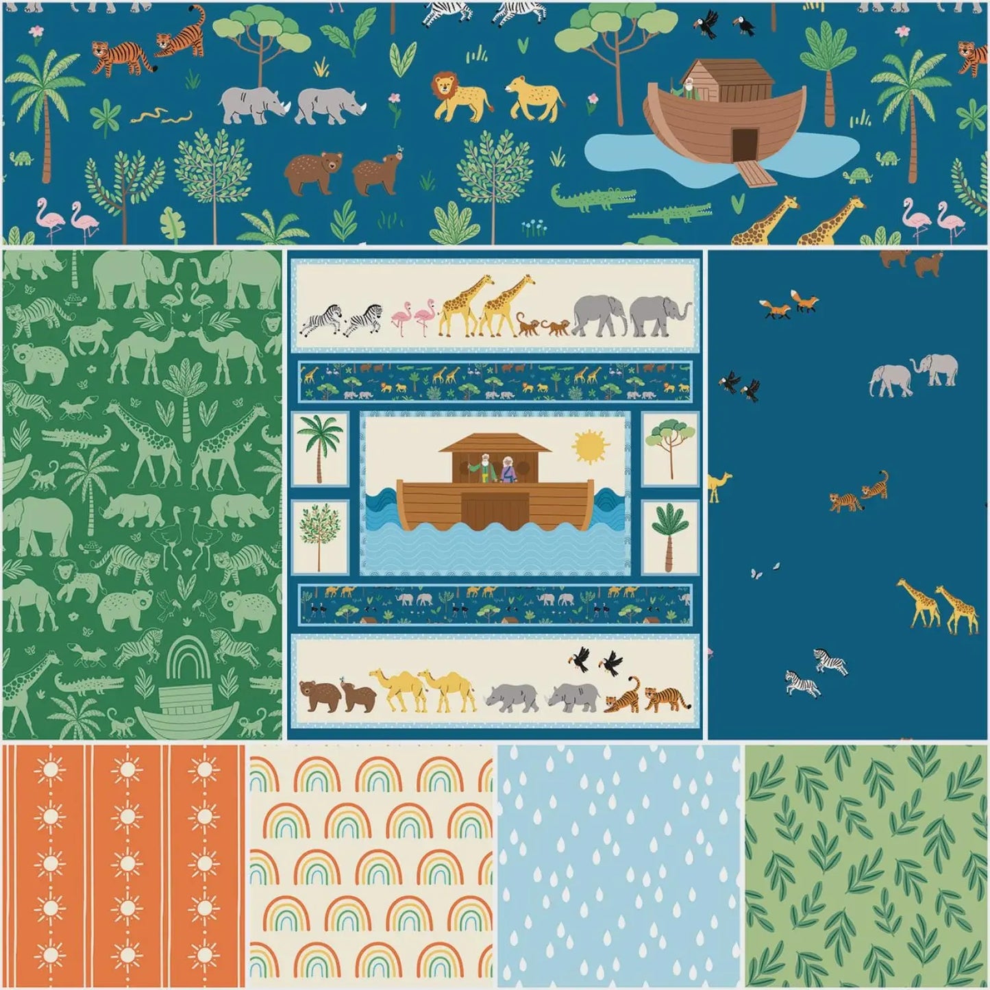 Collection of fabric swatches with Noah's Ark design, featuring animals and a rainbow.
