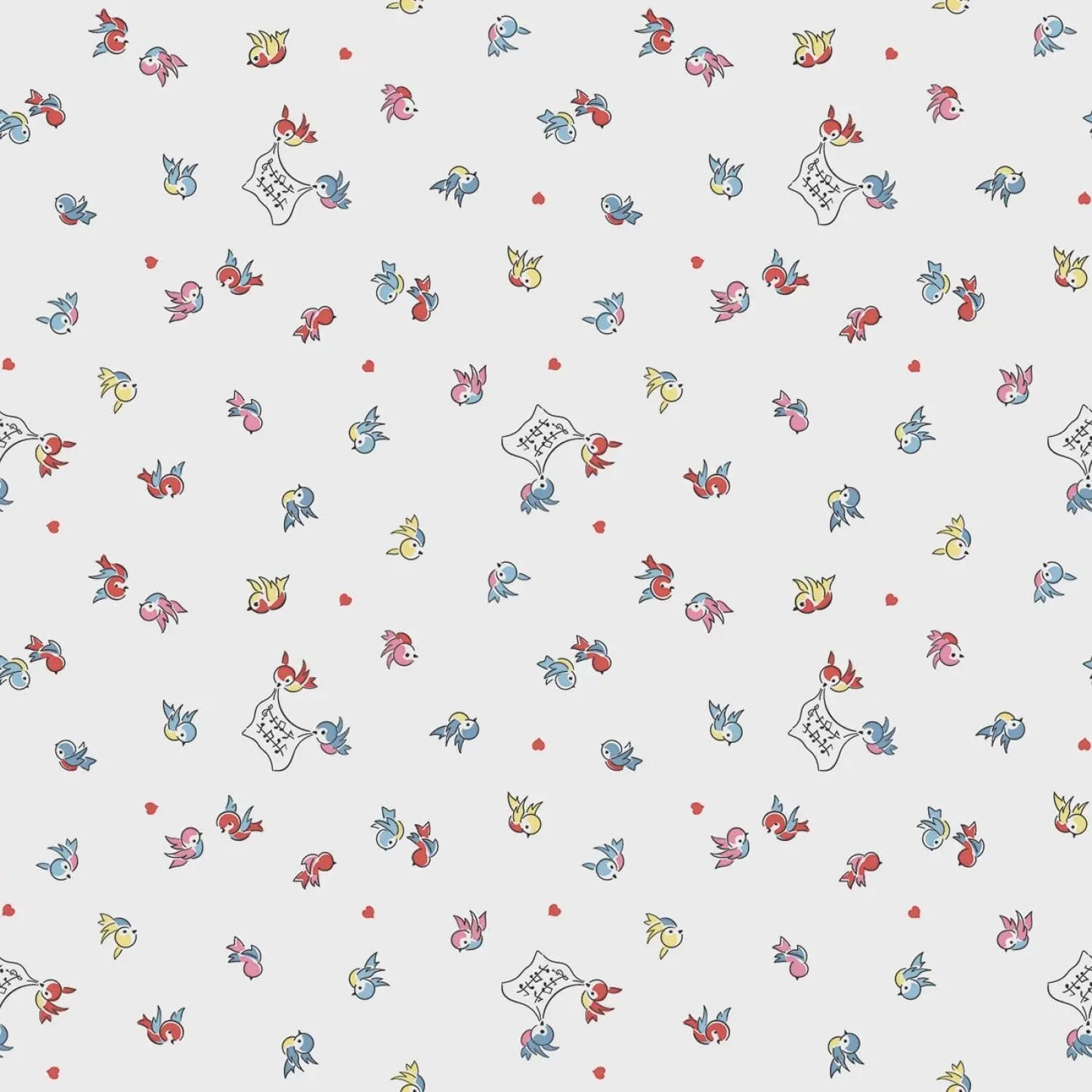 Pattern of colorful cartoon-like fish and birds on a white background