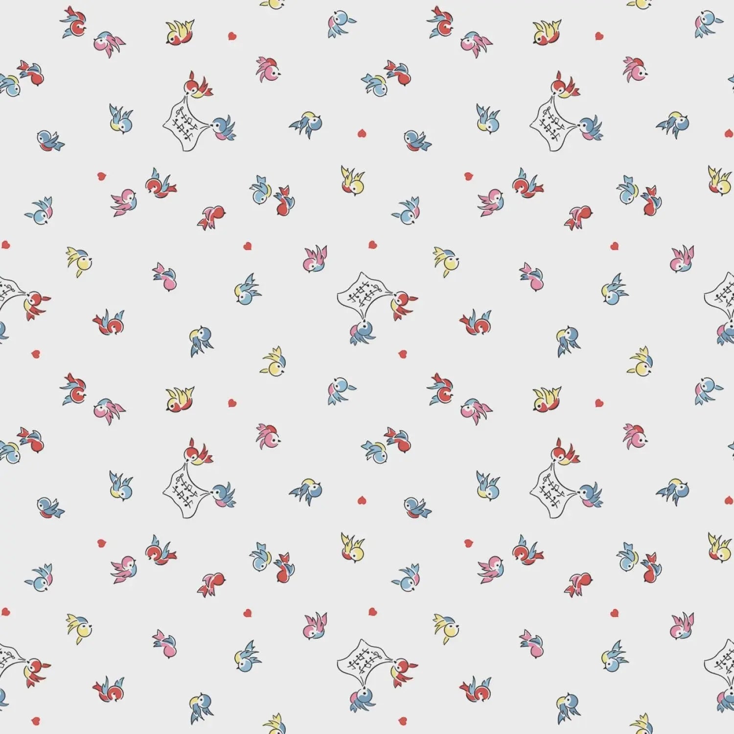 Pattern of colorful cartoon-like fish and birds on a white background