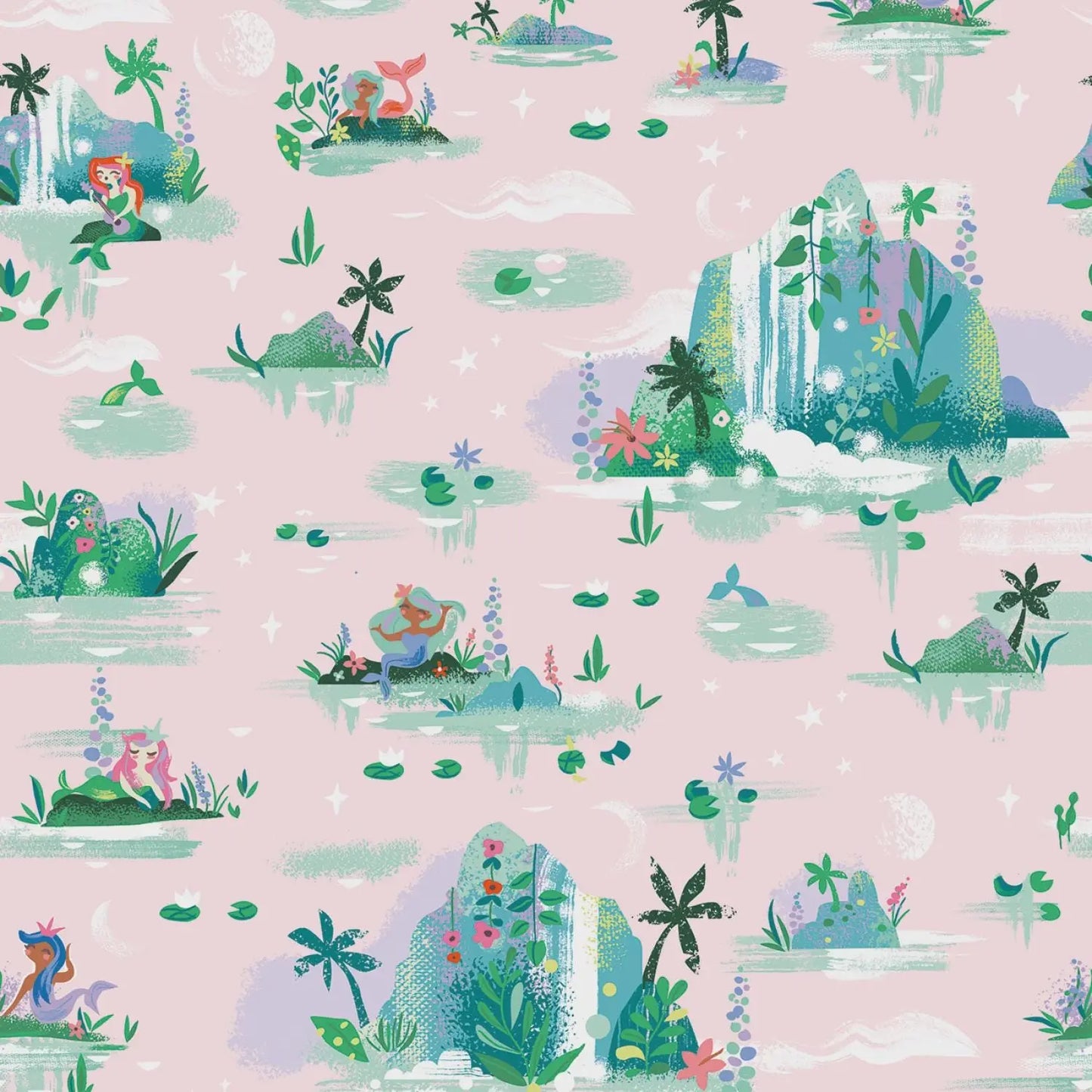 Pattern of mermaids and underwater scenes on a pink background