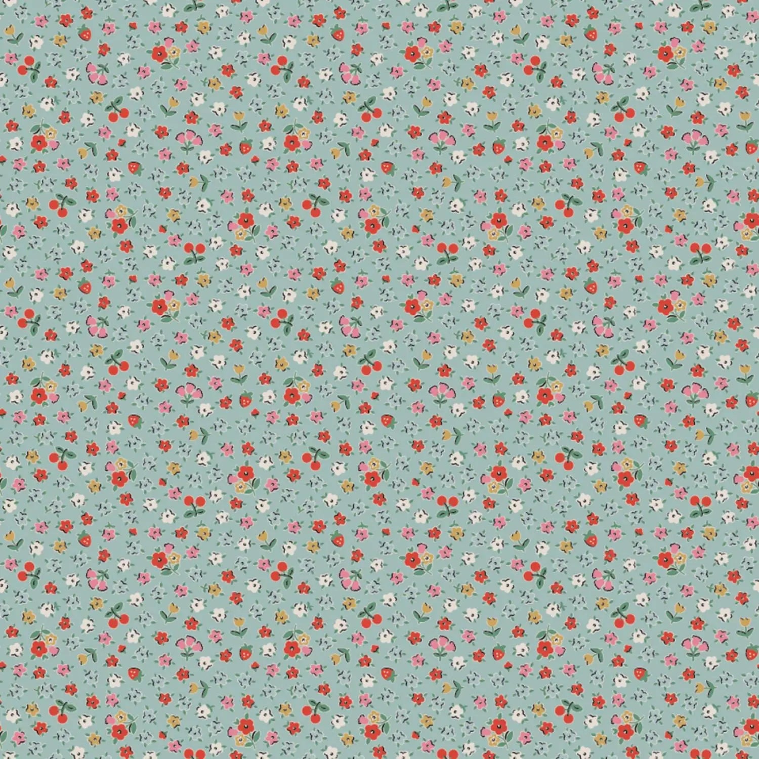 Pattern of small flowers, cherries and strawberries on a light blue background