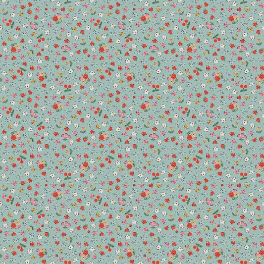 Pattern of small flowers, cherries and strawberries on a light blue background