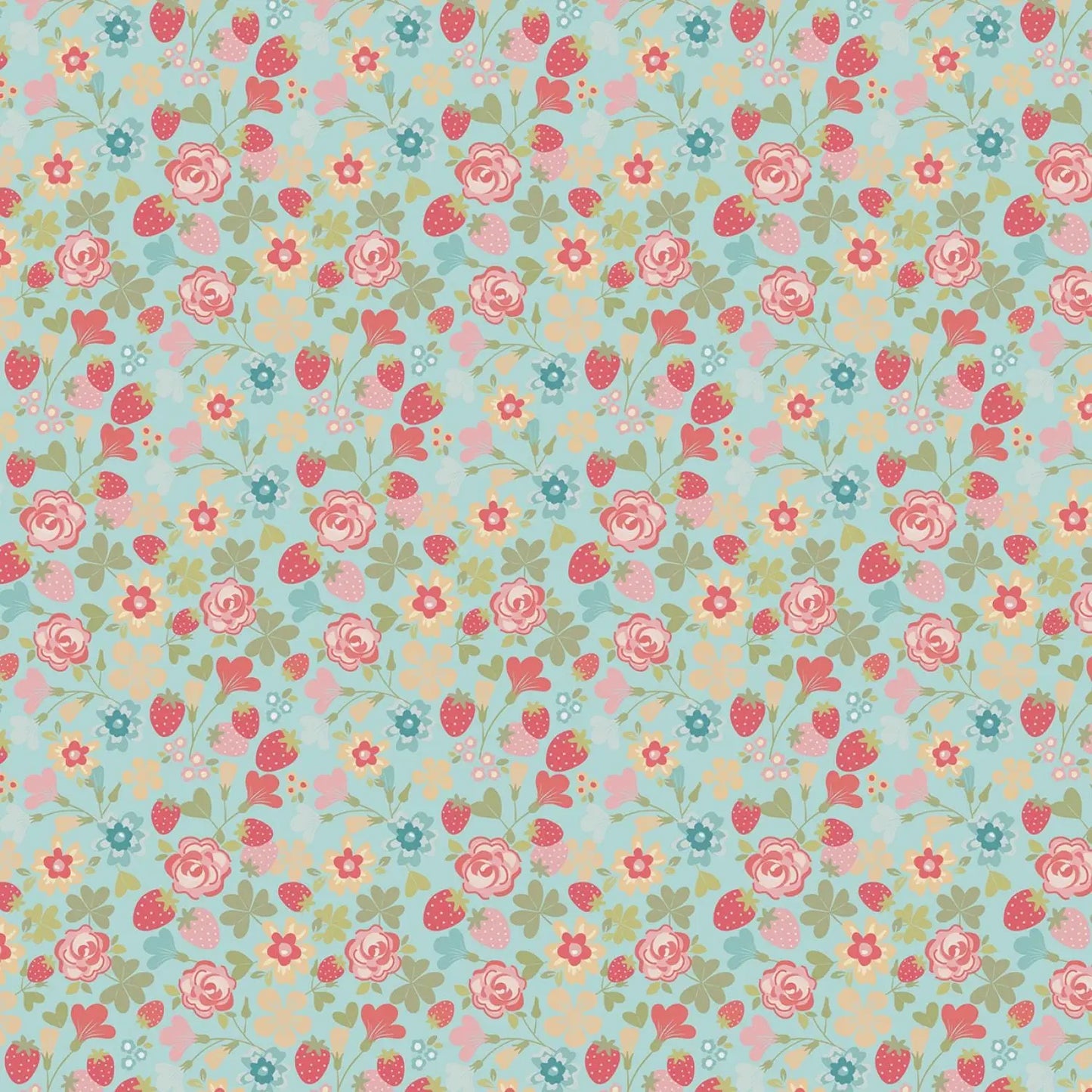 Floral, strawberry pattern with pink and red flowers on a blue background