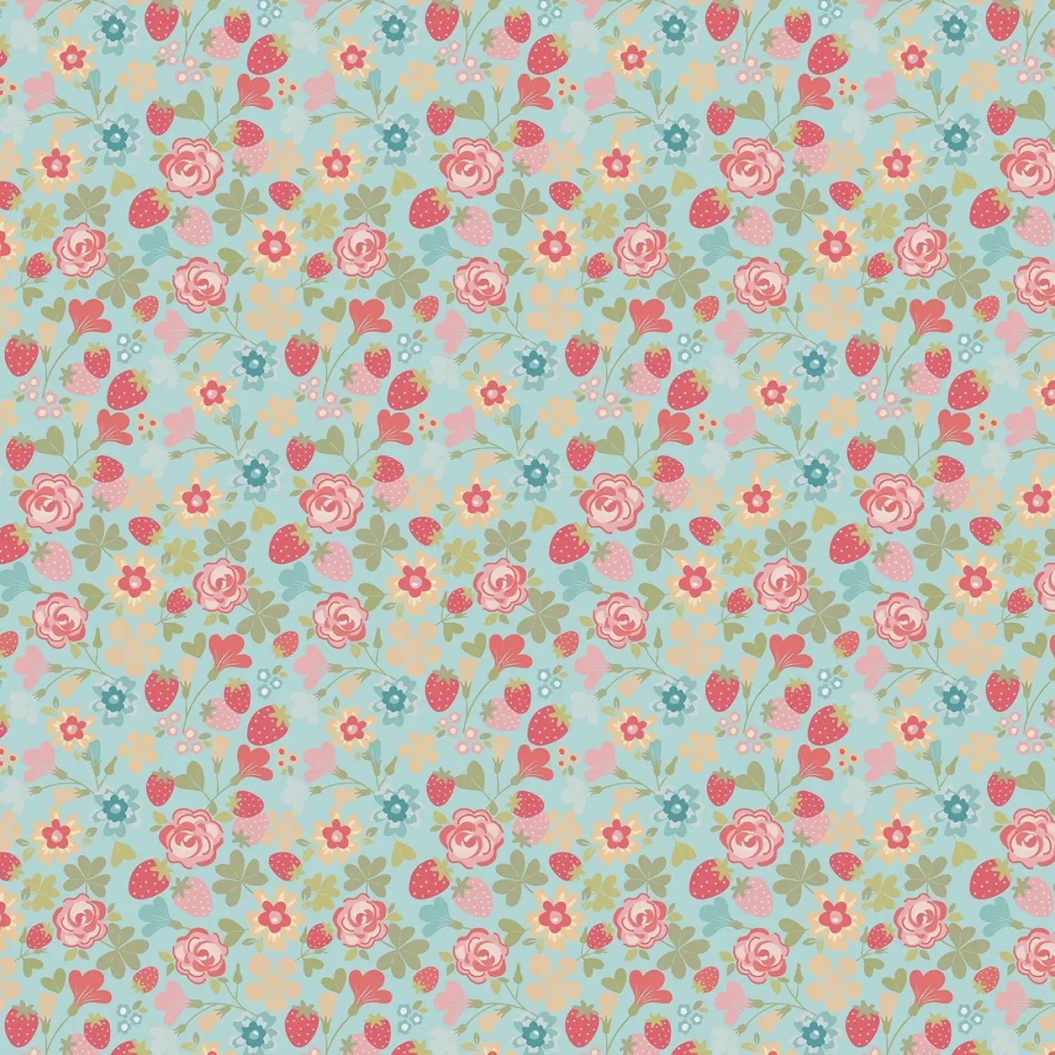 Floral, strawberry pattern with pink and red flowers on a blue background