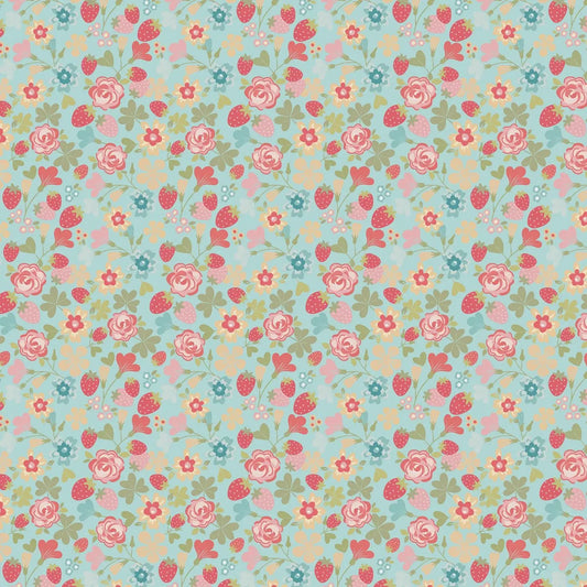 Floral, strawberry pattern with pink and red flowers on a blue background