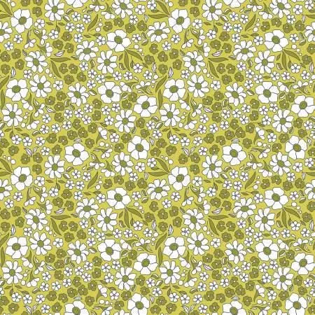 Floral pattern with white flowers and green leaves on a yellow background