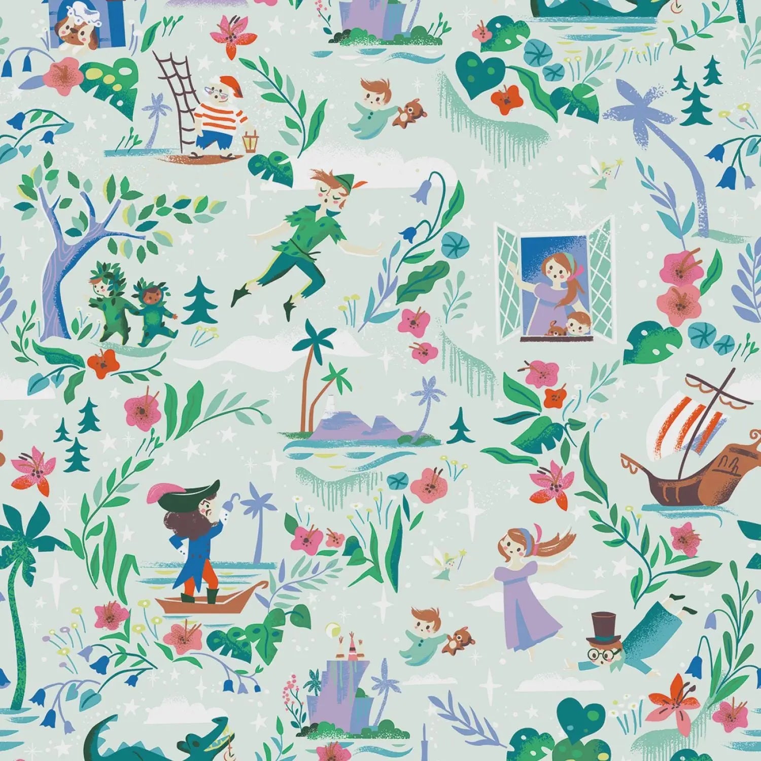 Colorful pattern with illustrations of children and nature on a light blue background