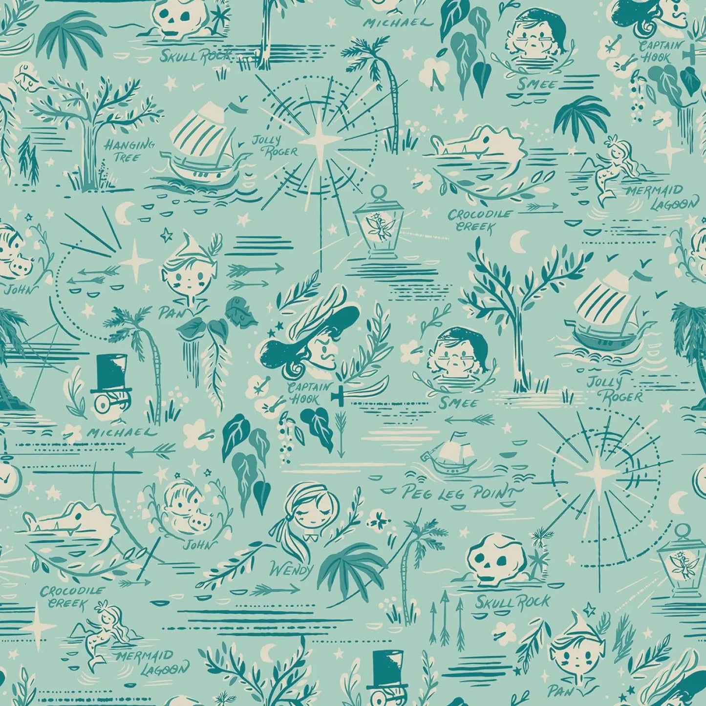 Illustrated pattern with mermaids, ships, and nautical elements on a teal background