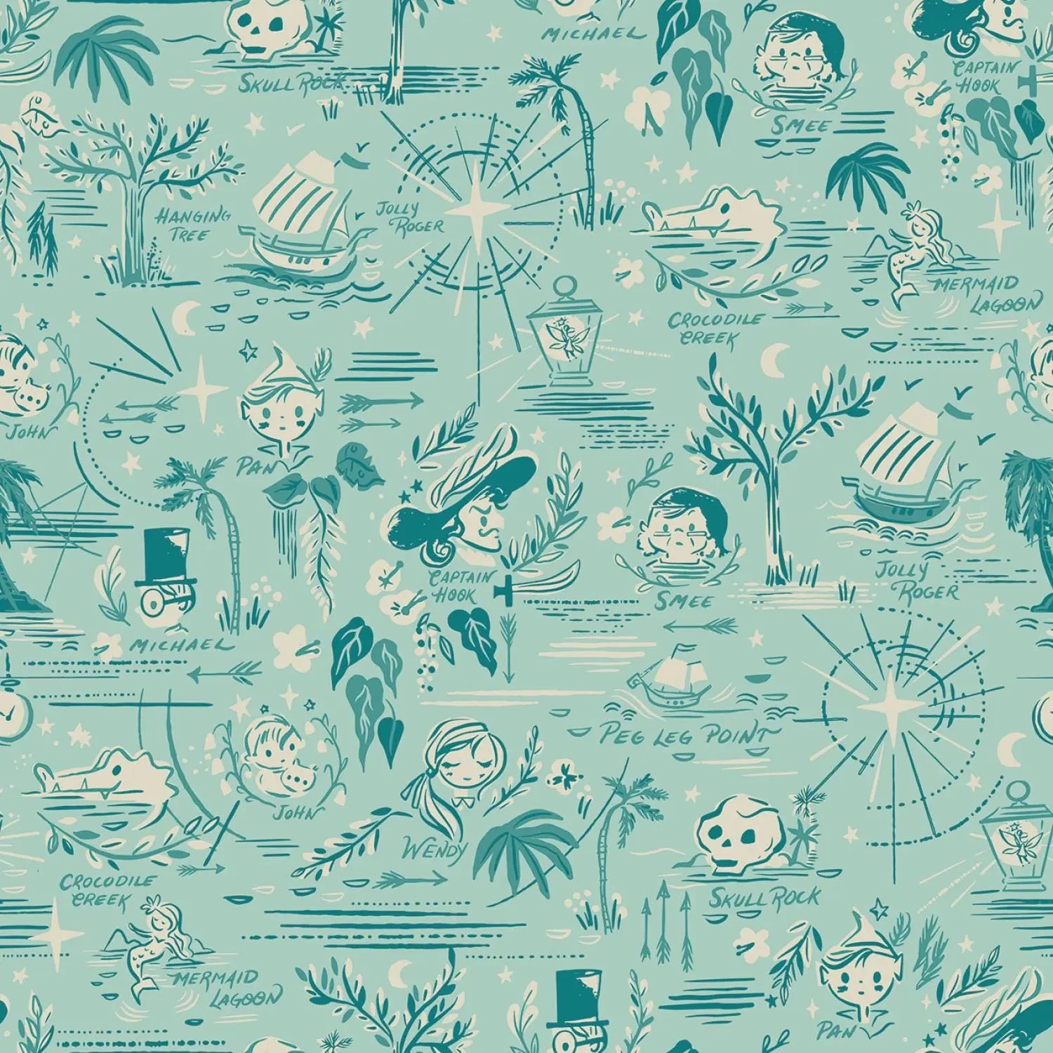 Illustrated pattern with mermaids, ships, and nautical elements on a teal background