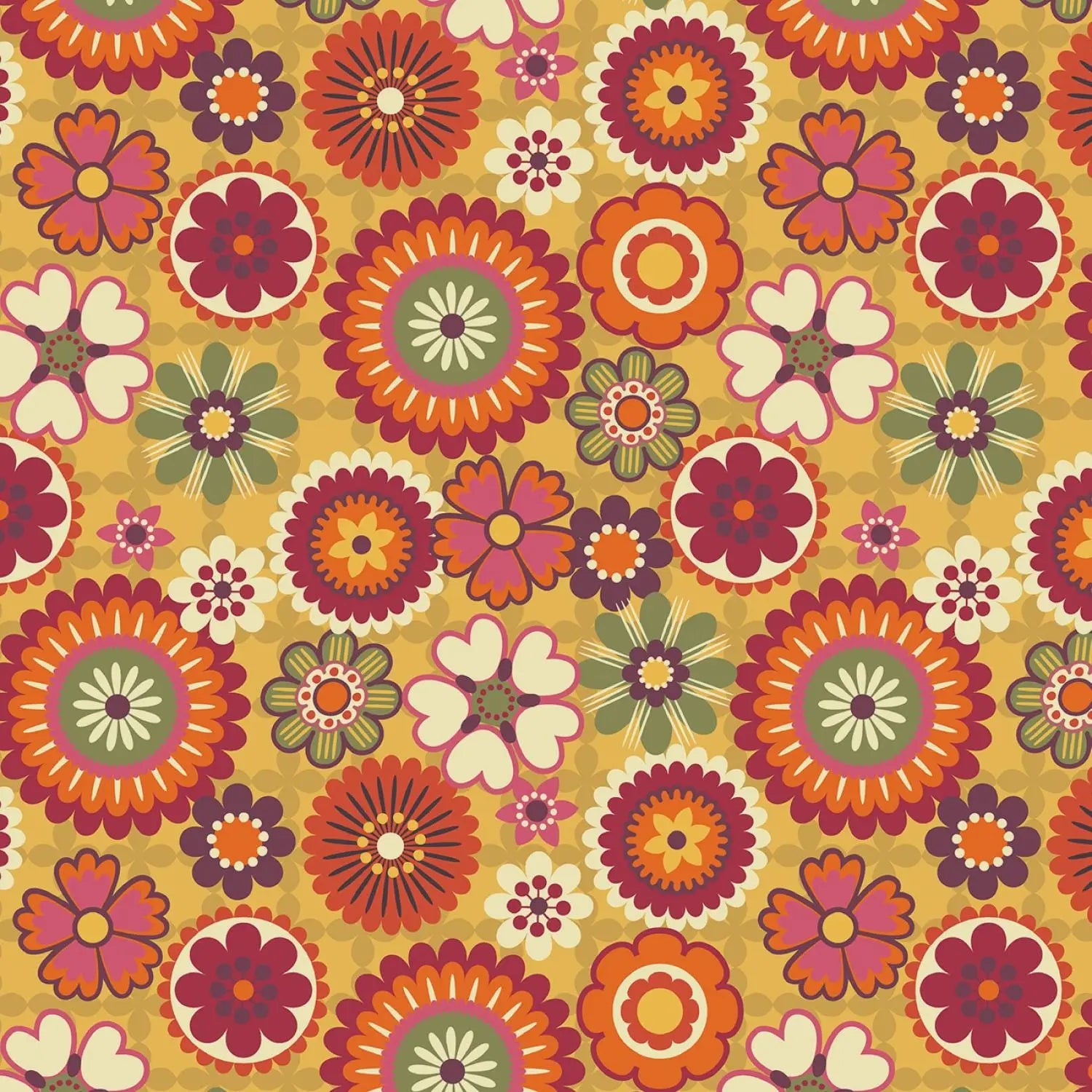 Pattern of colorful flowers on a yellow background