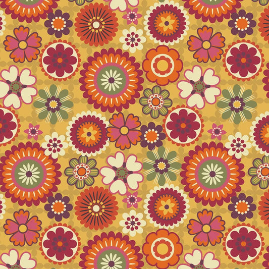 Pattern of colorful flowers on a yellow background