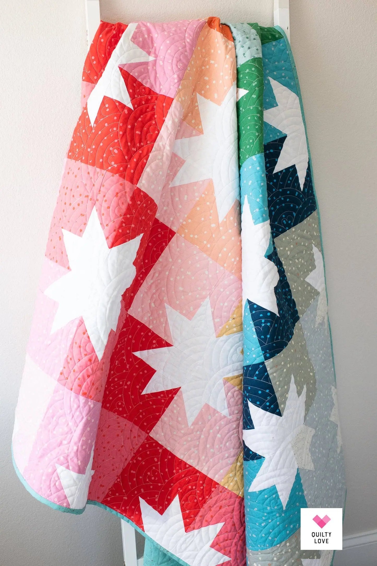 Colorful star-patterned quilt on a white background