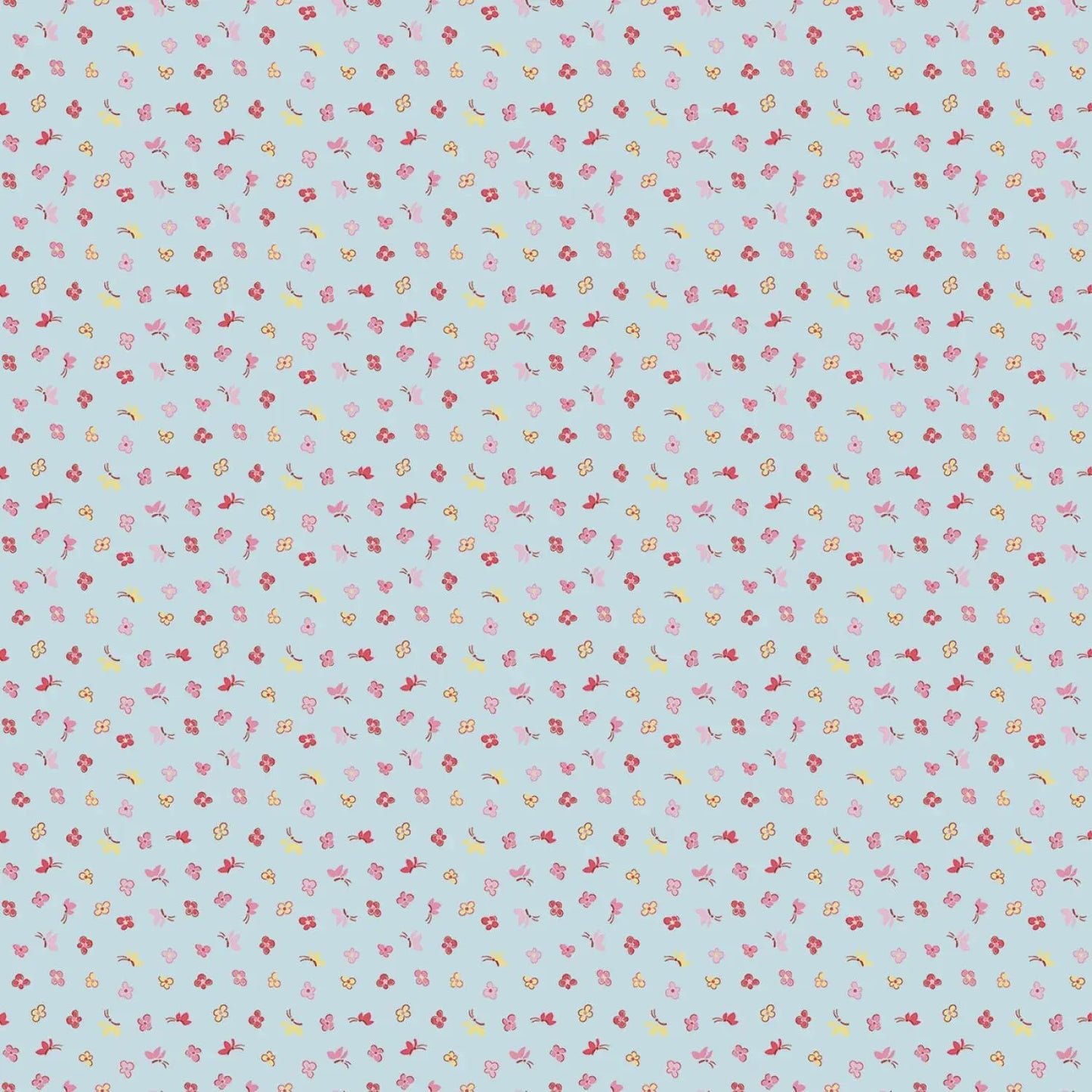 Pattern of small flowers and leaves on a light blue background
