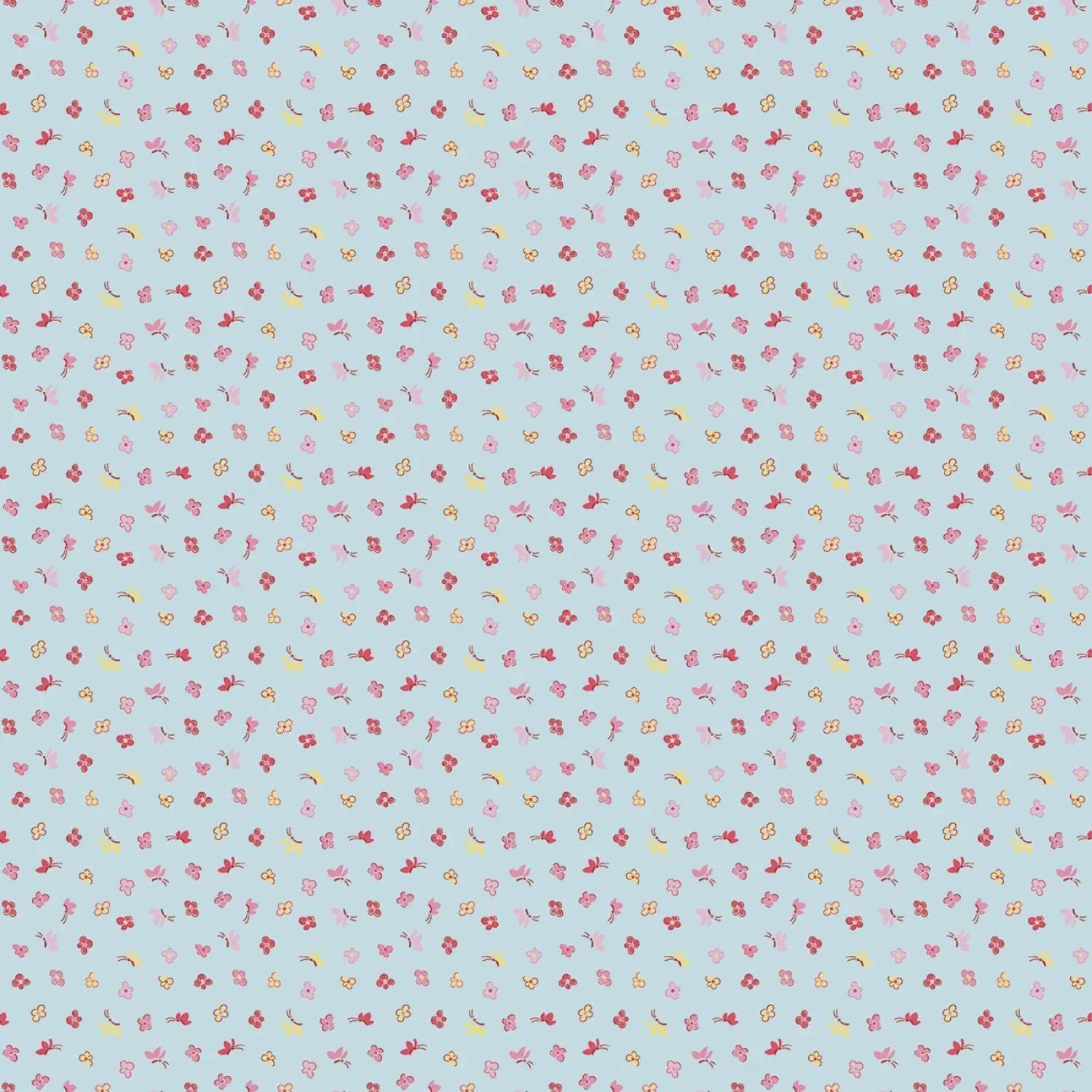 Pattern of small flowers and leaves on a light blue background