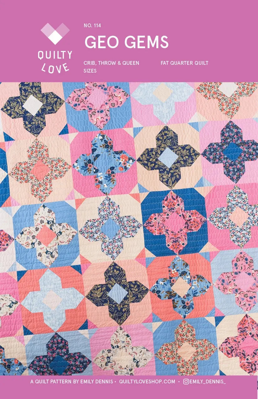 Quilt pattern cover with geometric gem design and colorful blocks on a pink background