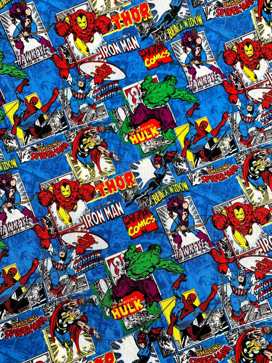 Marvel superhero fabric with Iron Man, Hulk, Thor, and Spider-Man on a blue background.