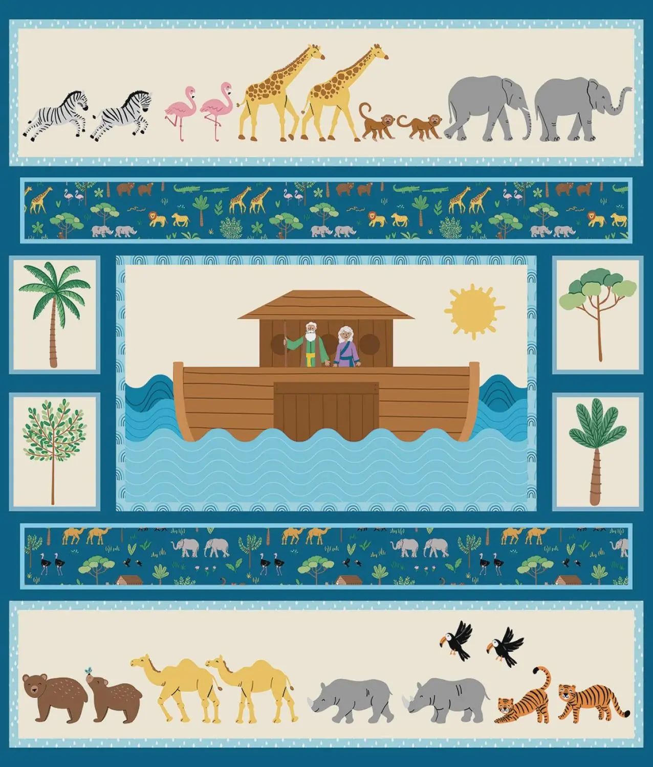 Noah's Ark fabric panel with animals and a ark on a blue background