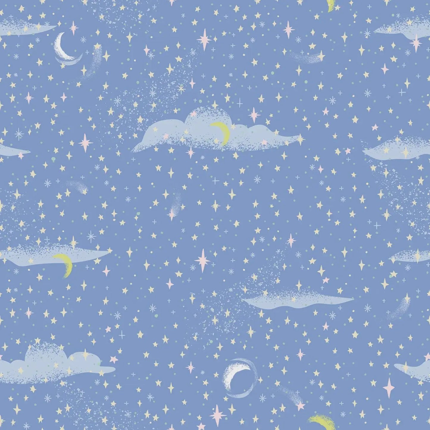 Pattern of clouds, stars, and crescent moons on a blue background