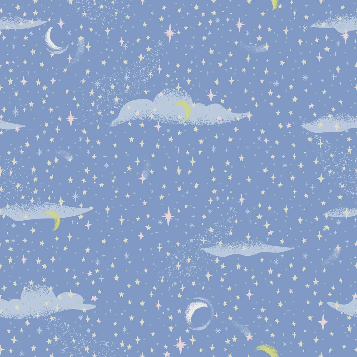 Pattern of clouds, stars, and crescent moons on a blue background
