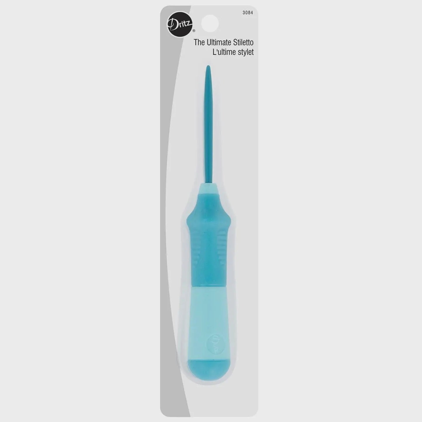 Turquoise sewing stiletto with blue handle in packaging on a white background