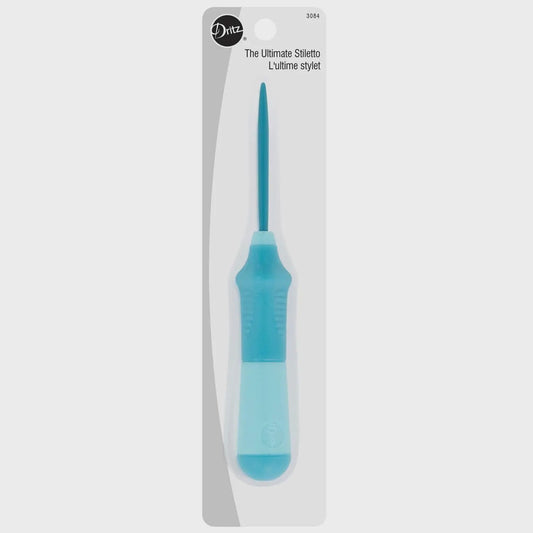 Turquoise sewing stiletto with blue handle in packaging on a white background